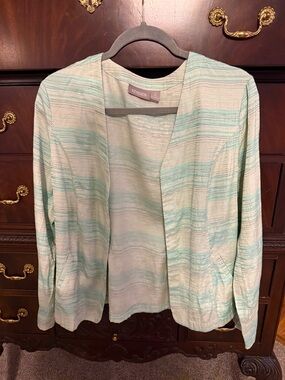 Chico's Striped Open-Front Cardigan in Mint and Cream